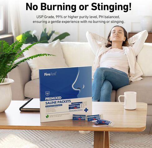 عبوات ملحية FireAnt لشطف الجيوب الأنفية، 80 عبوة ملح Neti Pot مختلطة مسبقًا لشطف الأنف، طبيعية بالكامل، درجة صيدلانية، ودرجة الحموضة متوازنة - 80 قطعة in Kuwait