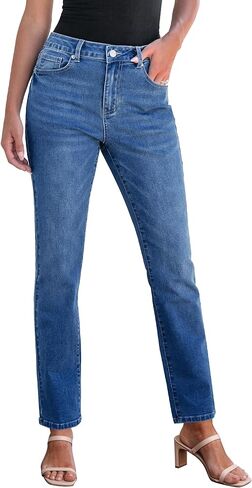 جينز مستقيم الساق من GRAPENT للنساء عالي الخصر عصري ونحيف وكلاسيكي قابل للتمدد من قماش الدنيم مع جيوب in Kuwait