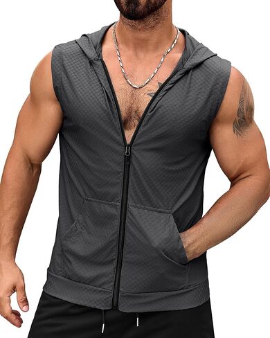 Aiyino Men's Workout Hooded Tank Tops Zip Up Sleeveless Gym Shirts Muscle Cut Off T Shirt Bodybuilding Hoodies in Saudi Arabia