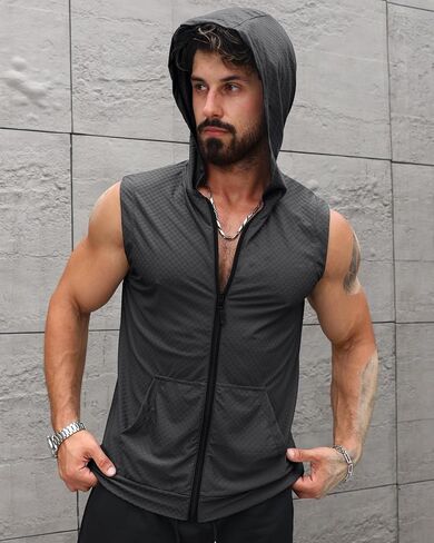 Aiyino Men's Workout Hooded Tank Tops Zip Up Sleeveless Gym Shirts Muscle Cut Off T Shirt Bodybuilding Hoodies in Saudi Arabia