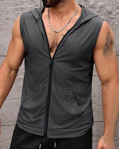 Aiyino Men's Workout Hooded Tank Tops Zip Up Sleeveless Gym Shirts Muscle Cut Off T Shirt Bodybuilding Hoodies in Saudi Arabia
