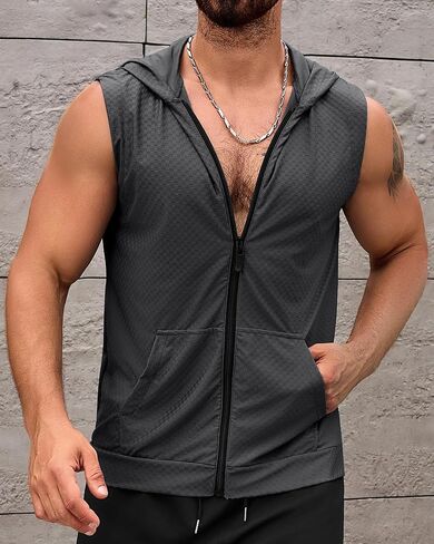 Aiyino Men's Workout Hooded Tank Tops Zip Up Sleeveless Gym Shirts Muscle Cut Off T Shirt Bodybuilding Hoodies in Saudi Arabia