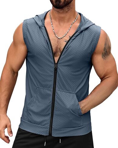 Aiyino Men's Workout Hooded Tank Tops Zip Up Sleeveless Gym Shirts Muscle Cut Off T Shirt Bodybuilding Hoodies in Saudi Arabia