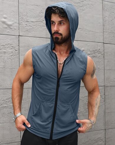 Aiyino Men's Workout Hooded Tank Tops Zip Up Sleeveless Gym Shirts Muscle Cut Off T Shirt Bodybuilding Hoodies in Saudi Arabia