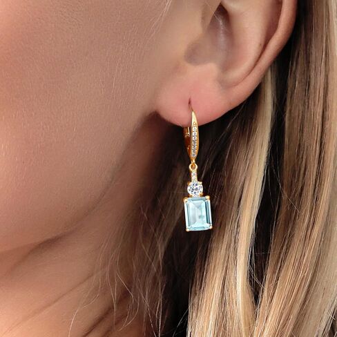 Gem Stone King 18K Yellow Gold Plated Silver Red Garnet and White Topaz Dangle Earrings For Women (5.88 Cttw, Gemstone Birthstone, Emerald Cut 9X7MM) in Kuwait