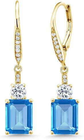 Gem Stone King 18K Yellow Gold Plated Silver Red Garnet and White Topaz Dangle Earrings For Women (5.88 Cttw, Gemstone Birthstone, Emerald Cut 9X7MM) in Kuwait