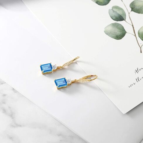 Gem Stone King 18K Yellow Gold Plated Silver Red Garnet and White Topaz Dangle Earrings For Women (5.88 Cttw, Gemstone Birthstone, Emerald Cut 9X7MM) in Kuwait