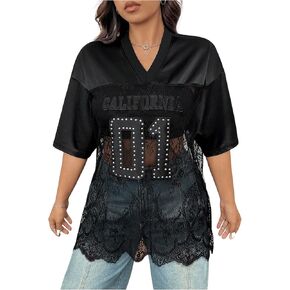 Soly Hux Women's Plus Size Size قمصان الدانتيل شرير V الرقبة نصف الأكمام رقم TEES