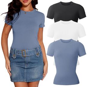 TVKSOM 3 Pack Basic Shirts for Women Short Sleeve Crew Neck Stretchy Fitted Tees Y2k Going Out Tops 2025
