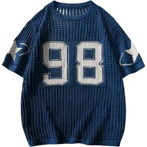 Women's Y2K Jersey Shirts Oversized Number Crochet Hollow Out Jersey Tee Sweater Crew Neck Short Sleeve Knit T Shirts