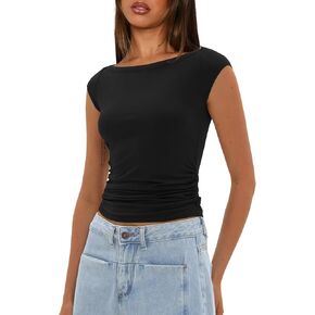 Darong Women's Summer Cap Sleeve Tops Slim Fitted Boat Neck Basic Tee Casual Going Out Top Shirts
