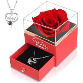 Preserved Roses Flowers Gifts for Mom: Red Real Rose with Necklace for Women Wife Grandma Daughter Sister
