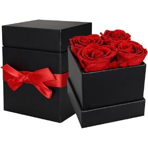 Preserved Red Roses Gift Box, 4 Roses in Black Box with Bow, Forever Flowers for Birthday, Valentine's Day Mother's Day (Red)