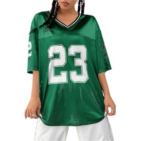 Verdusa Women's Jersey Shirts Graphic Tees Oversized Streetwear Letter Print T Shirt V Neck Tee Top