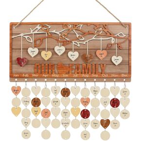 FWIEXA Family Birthday Plaque with Tags, Our Family Birthday Board DIY Gift for Mother Anniversary, Wooden Calendar Wall Hanging with 100 Heart/Circle Tags