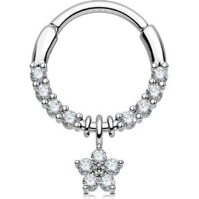 OUFER 16G Flower Dangle Septum Rings, 316L Surgical Steel Septum Jewelry, Clear CZ Hinged Clicker Daith Piercing Jewelry, Flower Nose Hoops, Daith Cartilage Helix Tragus Earrings For Women Men-8/10mm