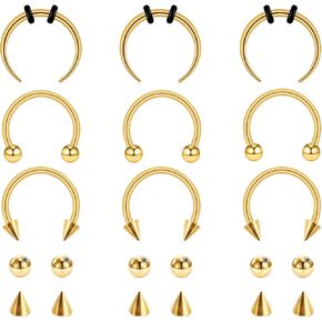 9PCS 16g Horseshoe Septum Ring for Women Surgical Stainless Steel Septum Nose Rings 10mm Nose Septum Piercing Jewelry Eyebrow Lip Rings Men Balls & Spikes Snake Bite Gold