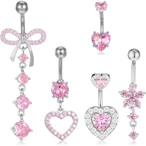 5Pcs Belly Button Rings, Pink Belly Button Piercing, Cute Dainty Dangle Belly Button Rings Heart Butterfly Bow Flower Belly Rings for Women
