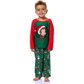 INTIMO Curious George Christmas Fun Toddler Kid's Raglan Fleece 2-Piece Long Sleeve Long PJ Pant Pajama Set for Boys Girls