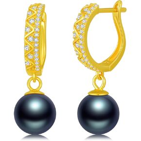 Real Sterling Silver Tahitian Pearl Hoop Earrings for Her, S925 Silver 9-10MM Tahitian Black Pearl Dangle Earrings with Moissanite for Women Valentines Day