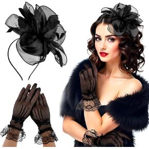 2 Pcs Fascinators Hat for Women Headband Tea Party with Lace Glove 50s Vintage Hat Wedding Feather Veil Hair Clip