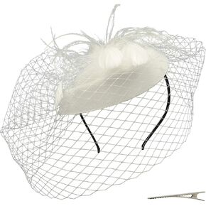 Umeepar Pillbox Fascinator Hat Hat Wedding Tea Party Hat للنساء مقطع شعر عصابة الريش مع الحجاب