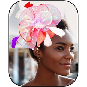 Yokawe Fascinators Hats Feather Tea Party Hat Hair Accessories Cocktail Headband for Women(Red-White-Purple)