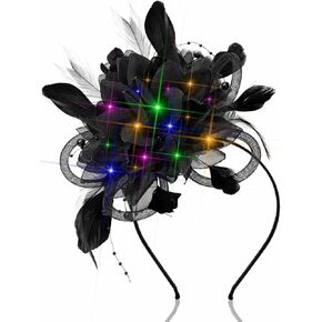 Yokawe Light Up Fascinator Derby Hats Tea Party Feather Headpiece Set Headband Accessories for Women (Black)
