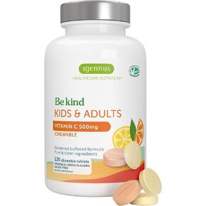 Igennus Gentle Buffered Vitamin C Chewable 500mg, No Artificial Colours & Natural Sugar Free Orange & Lemon Flavours, Kids & Adults, Vegan, Non-GMO, 120 Servings