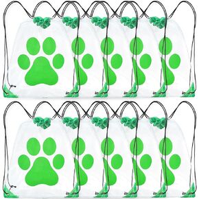 10 Pcs Paw Print Drawstring Backpack Bags Large Clear PVC Portable Waterproof Bags Reusable Paw Bags Cute Dog Cat Paw Print Gift Bags for Party Supplies, Green