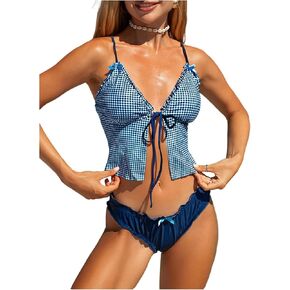 نساء 2 قطعة منقوشة tankini swimsuits bowknot frill camisole بدلة السباحة