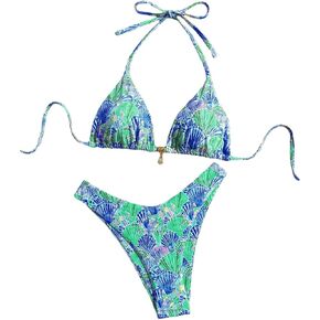 Women's Floral Plants Print Bathing Suit High Waisted Halter Boho Swimsuit Bikini Set