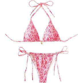 Women's High Waist Ditsy Floral Print Bathing Suit Halter Summer Swimsuit Bikini Set