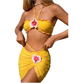 Women's 3D Floral Halter Swimsuit Lettuce Trim Wireless Bathing Suit with Cover Up Skirt 3 Piece Set