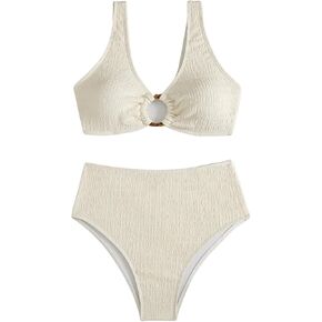 SOLY HUX Women's 2 Piece Bikini Set Ring Linked High Waisted Textured Bathing Suit Swimwear
