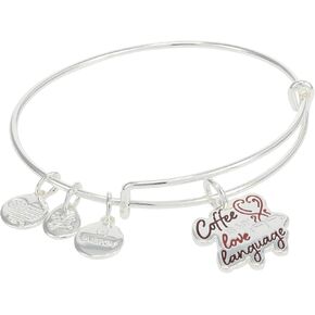 Alex and Ani Expandable Bangle for Women, Coffee is My Love Language Charm, Shiny Silver Finish, 2 to 3.5 in