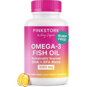 Pink Stork Omega 3 Fish Oil Supplements for Women with DHA and EPA - High Potency Burpless Omega-3 Supplement for Cognitive Health - 60 Softgels