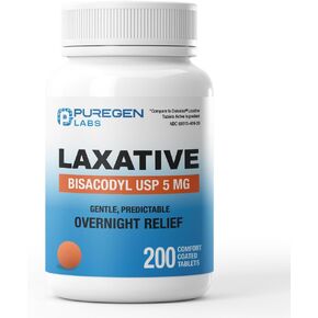 Puregen Labs Bisacodyl 5mg tablet | 200 عدد | ملين ، لطيف وسريع بين عشية وضحا