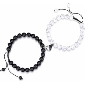 Jovivi Couples Bracelets 8mm Natural Stone Beads Healing Crystals Stretch Bracelet Matching Heart Charms Adjustable for His and Her Jewelry Lovers Best Friends Friendship Gifts