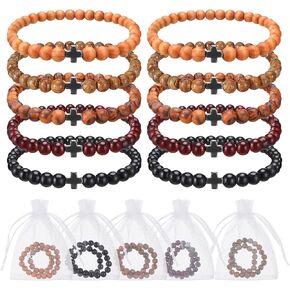 10 Sets Orthodox Prayer Beads Adjustable Christian Bracelet with Organza Bag Orthodox Prayer Rope Cross Beads Bracelet for Women Men Wooden Healing Lava Rock Stretch Jewelry for Religious Gift