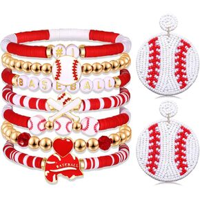أساور البيسبول أقراط للنساء القابلة للتكديس بريبي للخرز Heishi Bracelets ذات الأقراط المذهلة يوم الألعاب الرياضية ألسنة مجوهرات Mom Baseball Party