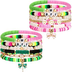 12 PCS Witch Princess Pink Green Bracelets Friendlets Preclets Preppy Clay Bead Bff Bead Bulk Bulk for Birthday Party Form