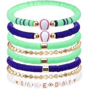 8 Pcs Baseball Game Day Bracelets Mom Bracelets Beaded Stretch Bracelets Stackable Sports Baseball Charm Bracelet Accessories for Women Outfit Jewelry Gifts