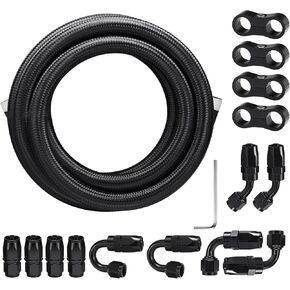6AN 20FT Fuel Line Hose Kit, Nylon Stainless Steel Braided Fuel Line Oil/Gas/Fuel Hose End Fitting Hose with 15PCS Swivel Fuel Hose Fitting Adapter Kit - Black