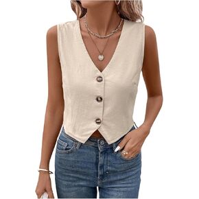 MakeMechic Women's V Neck Button أسفل السترة المقطوعة من السترة تتصدر بدلة بلا أكمام