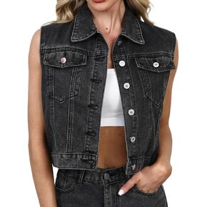 DvaeMalligo Women's Cropped Denim Vest Top Button Down Sleeveless Jean Jacket Waistcoat Gilet with Pockets
