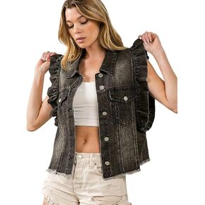 utcoco Women's Casual Button Down Denim Vest Oversized Ruffle Sleeveless Raw Hem Jean Jackets Tops with Pockets