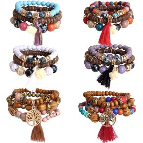 Hicdaw 6 Sets Stackable Bracelets for Women Colorful Bohemian Bracelets Hippie Jewelry Tassel Stretch Bracelet Set Gifts Bracelets for Women Beaded Bracelet