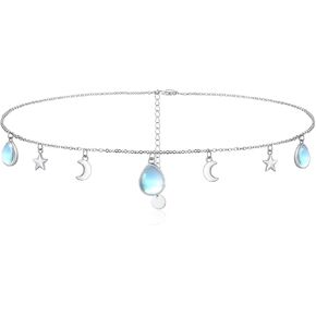 TUGHRA Moon and Star Choker Necklace Sterling Silver Moonstone Necklace for Women Cute Necklace for Teen Trendy Star Necklace Choker Adjustable, 14"+2"
