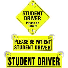 3PCS Student Driver Sticker for Car Window, Please Be Patient Student Driver Safety Sign Decal with Suction Cup, Removable New Driver Warning Sticker, Car Accessories